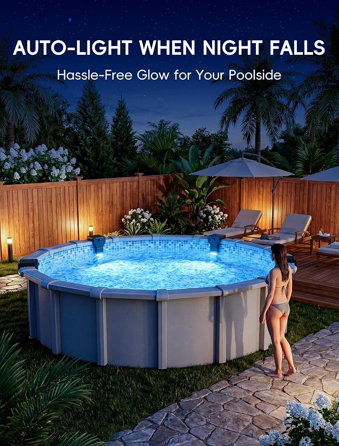 POOLHOUR Solar Pool Lights for Above Ground Pools (Steel Wall Only), LED Pool Wall Light with Remote & Timer, Submersible Underwater Lighting, 10-Color RGB 4-Mode Poolside Solar Lights, 1 Pack