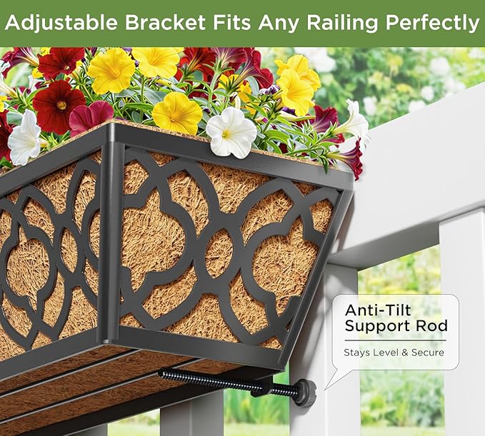 Y&M 36'' Deck Railing Planter Set with Coco Coir Liner, Large 2 Pcs Metal Deck Railing Planter Window Boxes for Outdoor Balcony, Porch, Patio, and Fence Rail