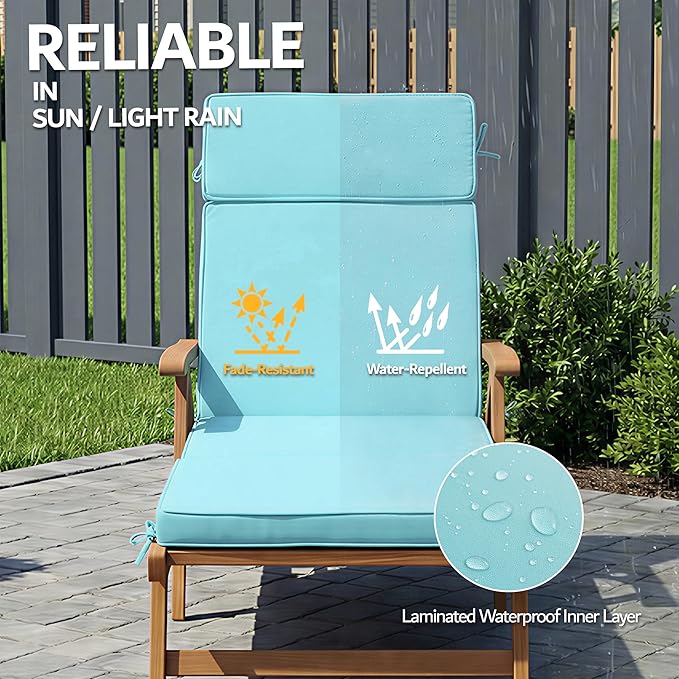 80 x 26 Inch Outdoor Chaise Lounge Cushion - Removable Cover, 4-Section Design, Water-Repellent & Fade-Resistant, 6 Tie Straps, Replacement for Patio & Pool Chairs - Light Blue
