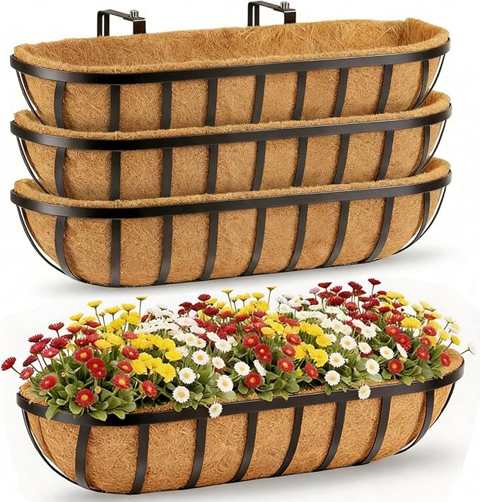 30 Inch Window Deck with Coco Liner, 30" Window Boxes Horse Trough with Coconut Coir Liner, Fence Metal Hanging Flower Planter Window Basket Deck Railing Planter Boxes for Outdoor Garden Lawn, 4pcs