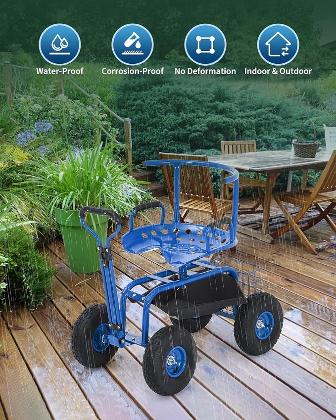 Rolling Garden Work Seat with Wheels, 360° Swivel Seat Gardening Cart with Extendable Steering Handle, Tool Tray and Storage Basket, 300 lbs Capacity, Gardening Stools for Patio, Yard, and Outdoors