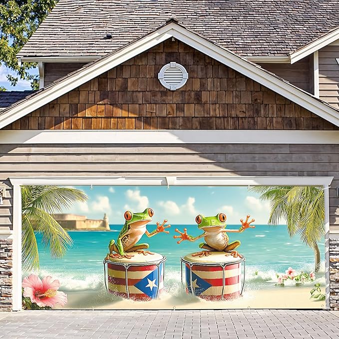 7 * 16FT Summer Puerto Rico Garage Door Cover Decorations Sunset Palm Trees Garage Door Banner for Outdoor Indoor Summer Party Photography Backdrop