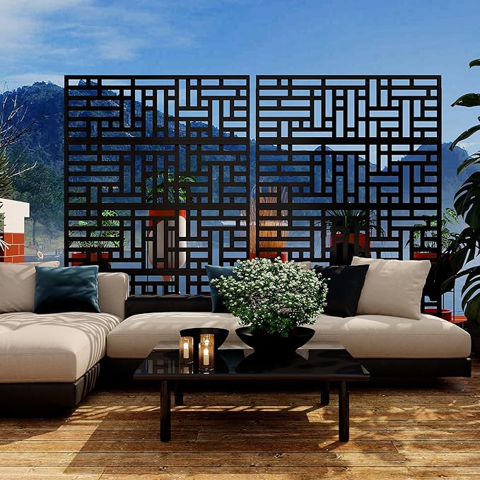 Metal Privacy Screen Outdoor - 71"x46" Freestanding Privacy Panels for Patio, Deck, Lawn & Garden, Weather-Resistant Rustproof Room Divider with Stand