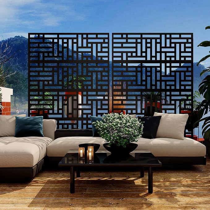 6FT Metal Privacy Screen Outdoor, Decorative Privacy Fence, Weather-Resistant Freestanding Panel with Stand, Durable Steel for Patio, Garden, Balcony, or Backyard, Geometric