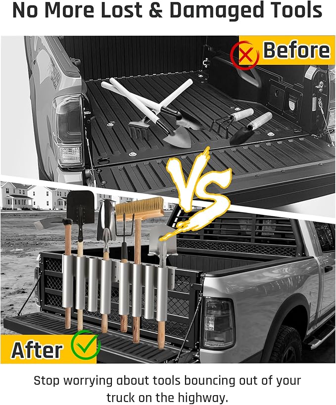 Wyckoff Heavy Duty 4-Hole Shovel Holder for Truck Bed & Trailer, Commercial Grade Steel Rack for Rake & Shovel, Secure Tool Box Mount Prevents Highway Loss for Landscaper, Gardener & Contractor