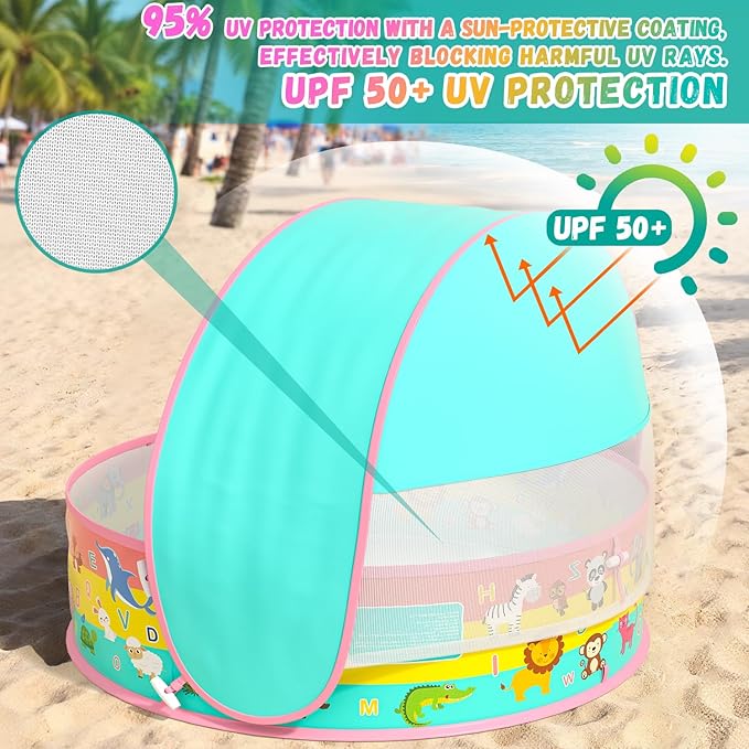 Kiddle Baby Pool with Canopy, Pop-Up Above Ground Pool, Foldable Infant Wading Pool for Toddlers 1-3, Baby Beach Tent, Portable Water Play Sum Toys for Child