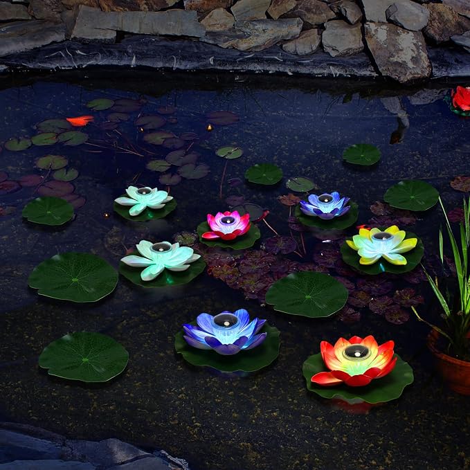 VIHOSE 30 Pcs Solar Floating Pond Lights Waterproof Solar Lotus Floating LED with Lily Pads Swimming Pool Pond Flower Night Lights for Patio Garden Pool Outdoor Party Decorations