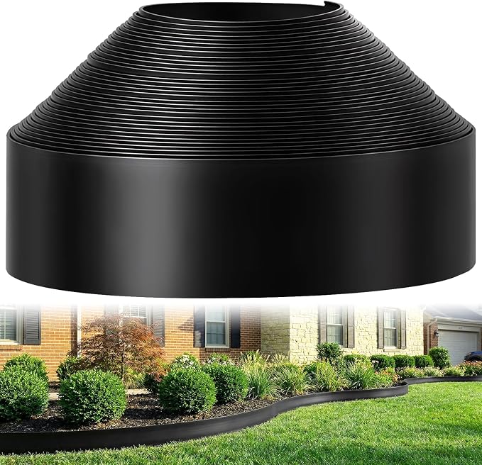 4 Inch Tall No Dig Landscape Edging, 100 FT Heavy Duty Plastic Garden Border Kit with 110 Metal Stakes, Durable All-Weather Flexible Barrier for Lawns, Flower Beds, Paver, Pathwa & Patio