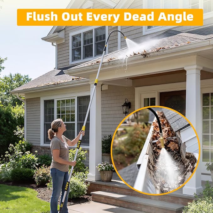 20FT Reach Gutter Cleaner, Gutter Cleaning Tools from the Ground with 3/4" Brass Shut-Off Valve & Bendable 360° Rotating Water Wand for Garden Hose, Safe Cleaning for 2nd Story Homes