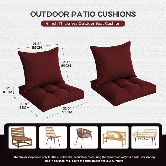 22x22 Waterproof Outdoor Chair Cushions Set of 2, Patio Cushions for Outdoor Furniture Water-Resistant & Fade-Resistant, Deep Seat & Back Cushion for Chair Sofa (Red)