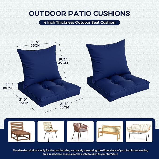 22x22 Waterproof Outdoor Chair Cushions Set of 2, Patio Cushions for Outdoor Furniture Water-Resistant & Fade-Resistant, Deep Seat & Back Cushion for Wicker Sofa (Blue)