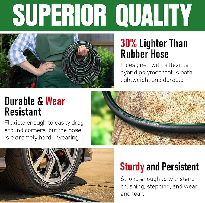 Heavy Duty Garden Hose 25 ft, NON-EXPANDABLE Water Hose with 10 Function Spray Nozzle, Lightweight Kink-less Hybrid Hose with Swivel Handle, Male to Female Fittings