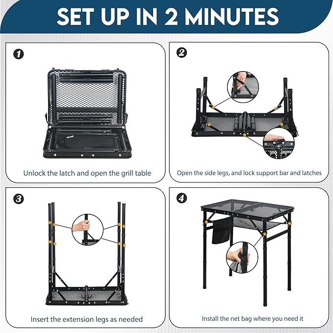 LOFTEY Small Folding Grill Table, Portable Picnic Table for Camping Outdoor Cooking BBQ, 3 Heights Adjustable Grill Stand with Mesh Bag, Easy for Storage, 23.6" L* 15.75" W * 27.7" H, Black