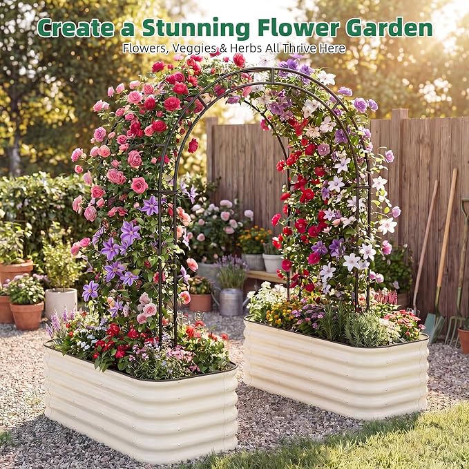 3 Pcs Raised Garden Beds Outdoor, 17" Tall 3-in-1 Modular 4x2ft Galvanized Metal Planter Box with Bracing Rods and Gloves for Vegetables Flowers Herbs, White