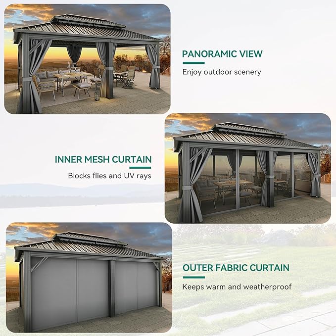 YITAHOME 12x18ft Hardtop Gazebo with Nettings and Curtains, Heavy Duty Double Roof Galvanized Steel Outdoor Combined of Vertical Stripes Roof for Patio, Backyard, Deck, Lawns, Gray