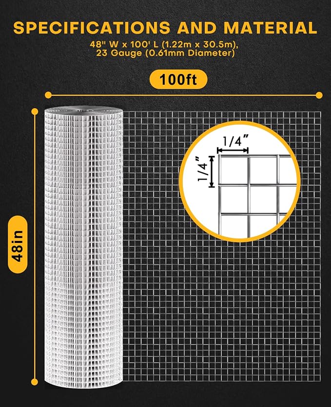 48in x 100ft Hardware Cloth 1/4 inch 23Ga Hot Dipped Galvanized After Welding, Chicken Coop Wire Fence, Garden Plant Welded Metal Wire Fencing Roll Mesh, Poultry Animal Netting Cage Screen