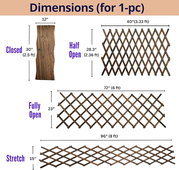 ShopLaLa Garden Fence (2 Pack, Total 12ft) Expandable Wooden Lattice Panels, Plant Support Trellis for Flower Bed Edging Outdoor Decorative Animal Barrier Fence Yard Lawn Border Patio Landscape Decor