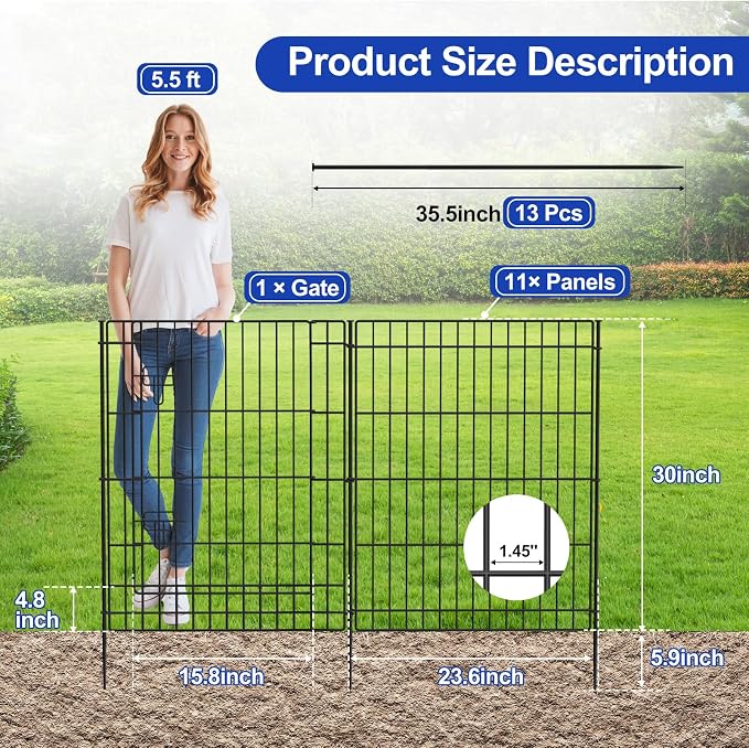 INJOPEXI Decorative Fence 12 Panels 23.6ft (L)30in (H), Metal Fence 11 Panels + 1 Gate Rustproof Wire No Dig Temporary Animal Barrier Fencing for Yard Outdoor Patio