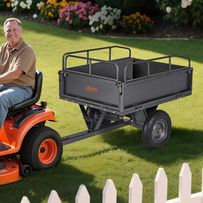 VEVOR 10 Cu.Ft. & 500lbs ATV Trailer Dump Cart Tow Behind, Heavy Duty Utility UTV Trailer, Tow Behind Steel Yard Dump Wagon Cart with 14" Tires for Lawn Mower Tractor