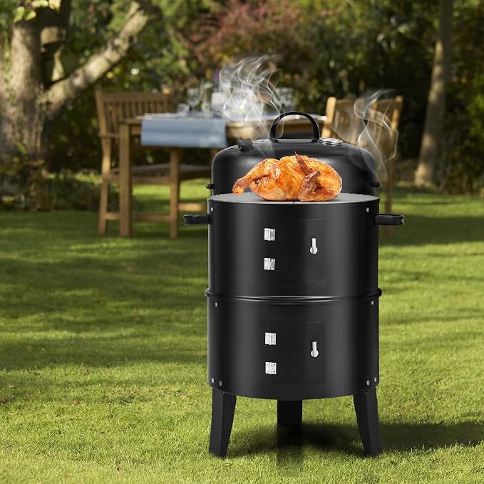 Giantex 3-in-1 Outdoor Smoker Grill, Portable Charcoal BBQ Grill, Built-in Thermometer and Air Vent, 6 Hooks, 2 Layers Vertical Steel Charcoal Smoker for Outdoor Cooking Camping