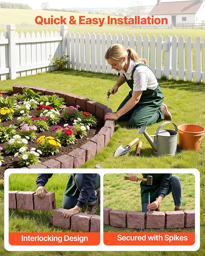 VEVOR Faux Stone Landscape Edging, 46.8" x 3.9" Realistic Lawn Edging with Anchoring Spikes, Flexible Brick-Sized Garden Border, Fade-Resistant Yard Garden Stone Border for Driveways Walkway, Brown