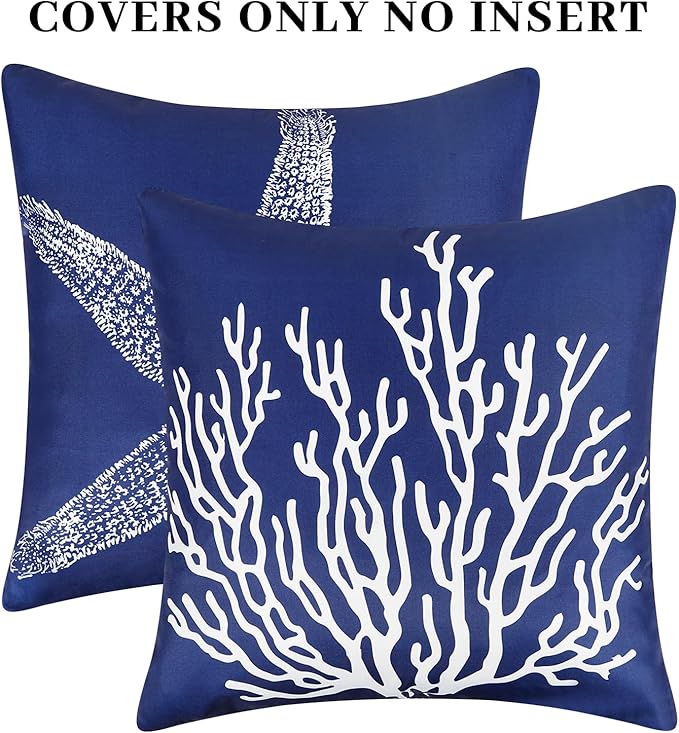 Adabana Spring Outdoor Waterproof Coastal Pillow Covers 18x18 Inch Set of 2 Nautical Starfish Coral Throw Pillow Covers Sunmmer Farmhouse Decorations for Beach Patio Sofa, Navy Blue