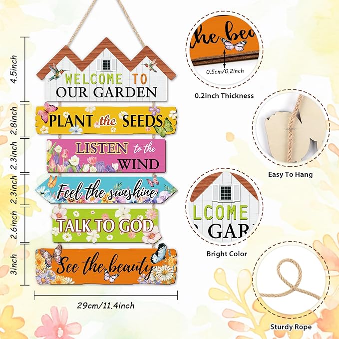 HOURIA Welcome to Our Garden Wooden Sign(11.4”x17.6”),Inspirational Gardening Signs for Outside,Colorful Garden Yard Greenhouse Decor,Gardening Gifts for Women, Men, Gardeners,Plant Lovers