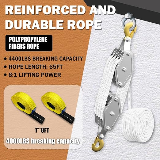 YATOINTO Rope Pulley Hoist 4400 LB, 8:1 Lifting Power Pulley Block and Tackle System, Pulley Block 2200LB Loading Capacity, 65ft Heavy Duty Rope Hoist for Lifting Pulling (with 2PCs Straps)