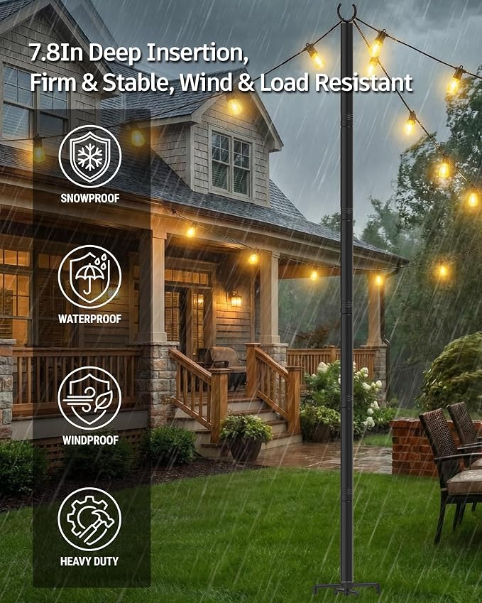 LAND·VOI Outdoor String Light Poles 1 Pack, Heavy Duty String Light Poles for Outside with 5-Prong Base & Adjustable Height, Perfect for Backyard, Patio, Garden, Fence and Party Decor