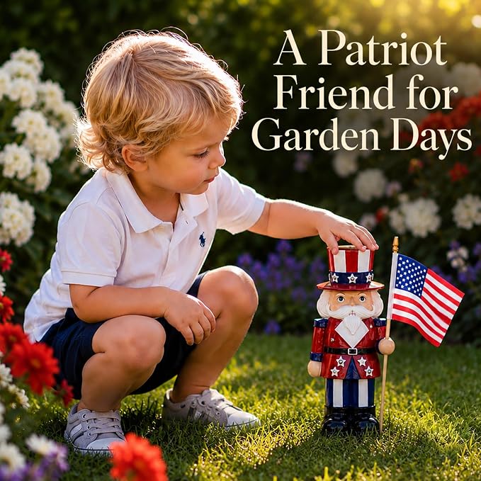 Nacome Solar Nutcracker Soldier Garden Statue: American Flag Figurine for Patriotic Outdoor Lawn Porch Patio Yard Decorations - Gifts for Mom Grandma Women