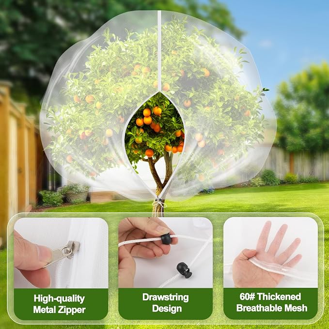 5-Pack 10 * 10FT Fruit Netting Bags for Fruit Trees, Bird Netting Safeguard Apple Trees and Blueberry Bushes from Birds, Pest and Deer, Cicadas Netting Cover with Zipper and Drawstring