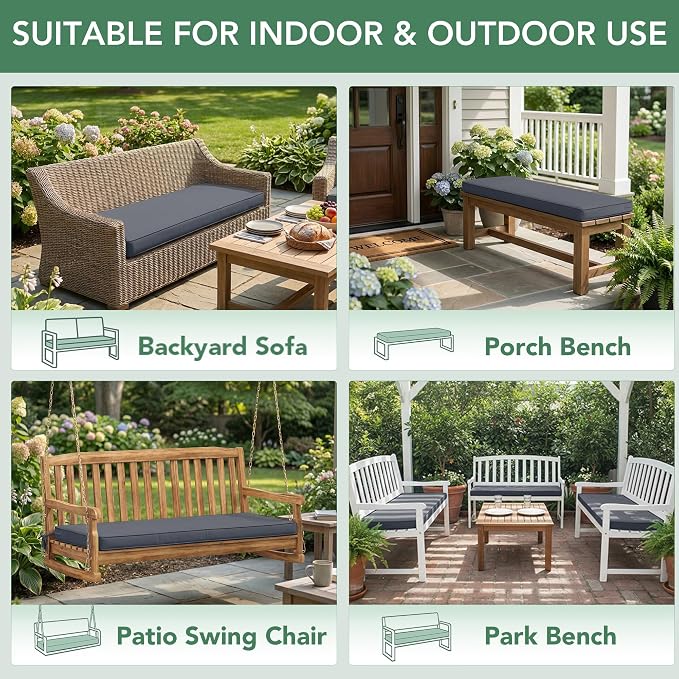 Summsun Outdoor Bench Cushion: Waterproof and Fade Resistant Patio Furniture Cushions - Non-Slip Bench Pad Cushion with Removable Cover for Garden Swing Porch Sofa Settee, 42 x 18 Inch, Dark Grey