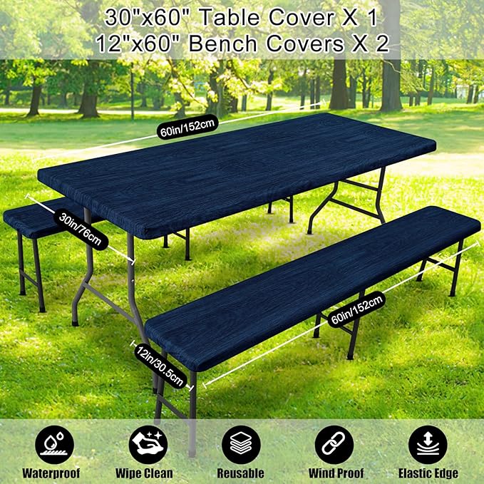Smiry Picnic Table Cover with Bench Covers, Waterproof Elastic Fitted Tablecloth for 5 Foot Tables, Washable Polyester Tablecloths for Camping, Indoor & Outdoor (Navy & Black, 30x60 Inch 3-pc Set)