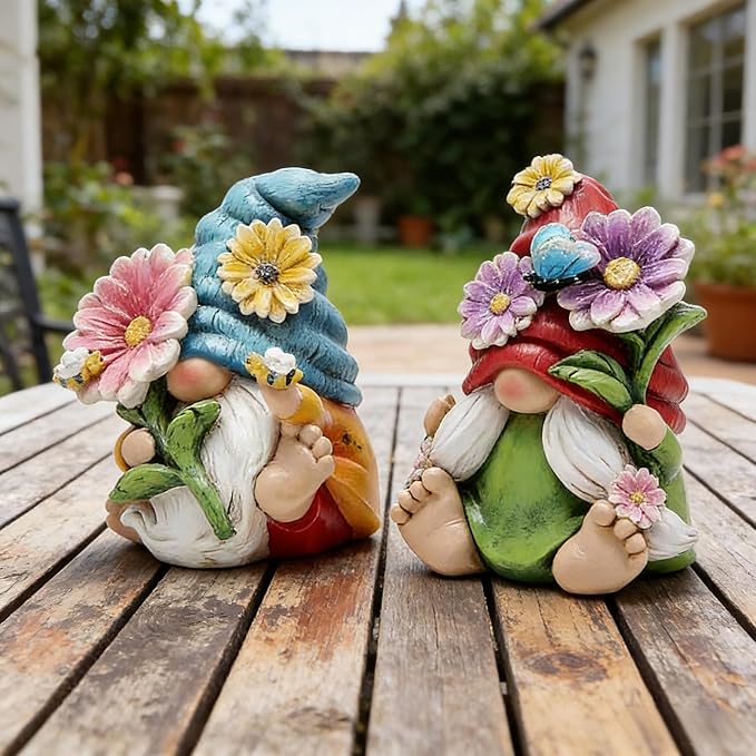 Hodao 2PCS Spring Flower Gnome Figurines Decorations - Resin Summer Gnomes Plush Decor for Indoor Garden Office, Cute Floral Gnome Ornaments Gift for Housewarming, Birthday, Holiday