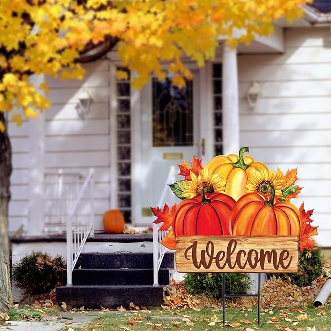 JarThenaAMCS Thanksgiving Yard Sign Metal Fall Pumpkin Yard Stakes Maple Leaves Garden Stake Decorations Welcome Sign for Autumn Harvest Outdoor Lawn Patio Walkway Decor