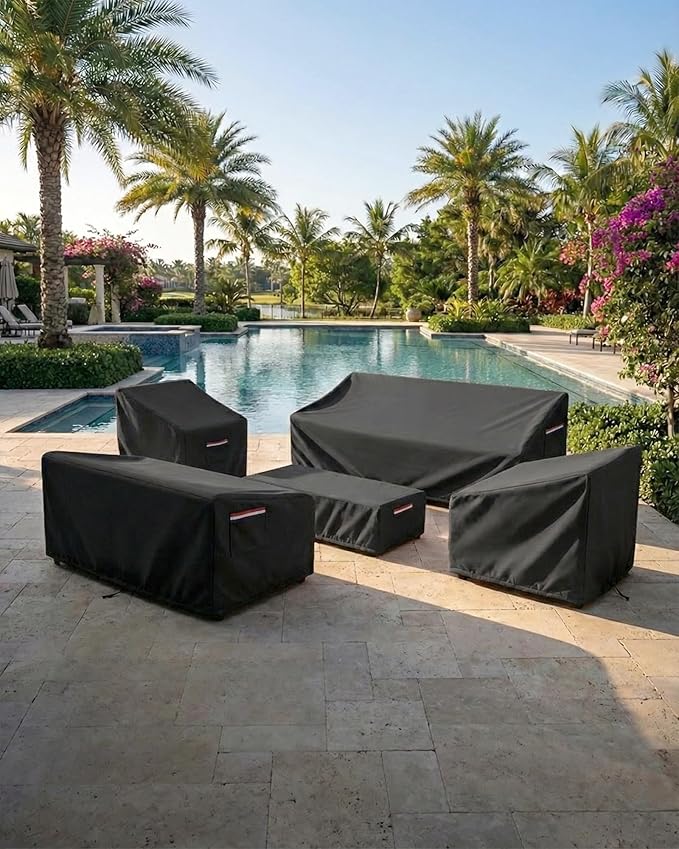 4-Piece Patio Furniture Cover Set, Waterproof Outdoor Furniture Covers for 3-Seater Sofa, Patio Chairs & Coffee Table, Heavy-Duty 600D, Fade&UV-Resistant, Breathable, All-Season Protection, Black