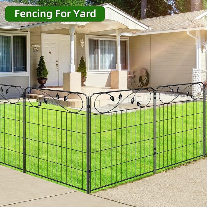 FOREHOGAR Decorative Outdoor Garden Fence 30in(H) X12ft(L) 6 Panels+7 Stakes Leaf Black Metal Garden Fencing for Landscape Lawn Patio, Temporary Animal Barrier Fences for Dogs