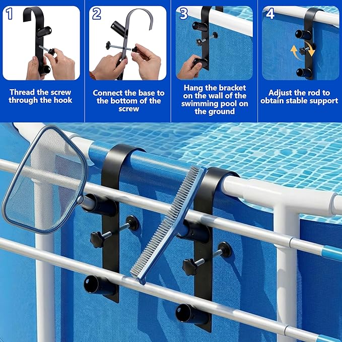 codree 2 Pcs Pool Leaf Skimmer Net Holder, Adjustable Above Ground Pools Hooks, Swimming Pool Pole Hangers for Hanging Tool, Hose, Leaf Rakes, Nets Pool-Accessories