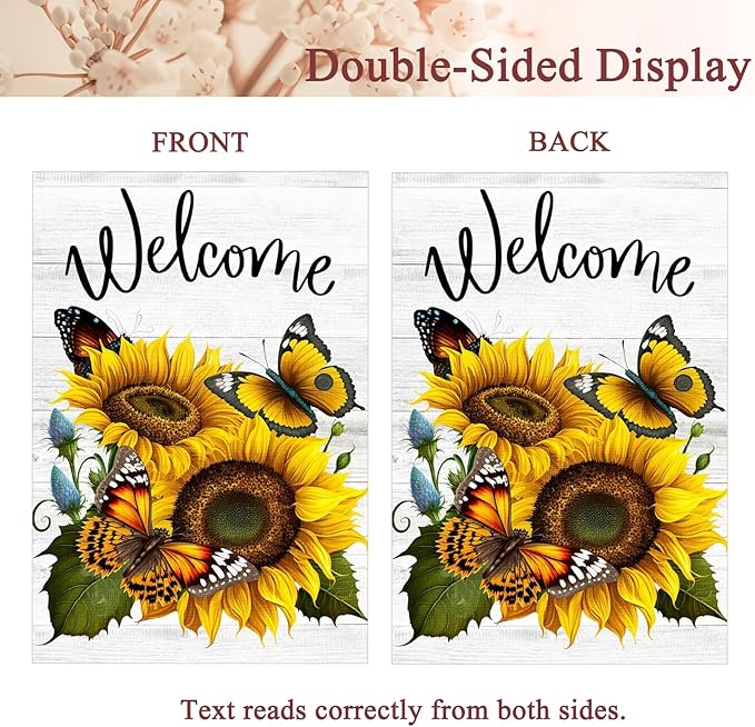Summer Sunflower Butterfly Garden Flag 12x18 inch Double Sided Welcome Burlap House Flag, Small Outdoor Yard Flag for Garden Porch Farmhouse Decor