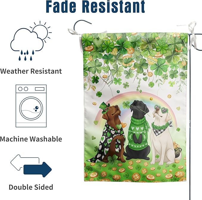 St Patricks Day Dog House Flag 28 x 40 Double Sided Outside White Chocolate Black Lab Garden Banner Labrador Yard Signs for Saint Patrick Spring Outdoor Decorative