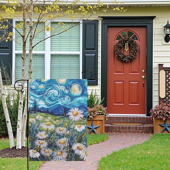 Spring Daisy Garden Flag Starry Night Van Gogh Style Yard Flags Vibrant Floral Meadow Landscape Seasonal Welcome House Banners for Summer Patio Lawn Porch Farmhouse Outdoor Decor 12x18 Inch