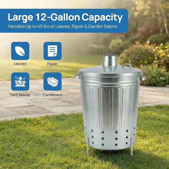 Gardenised Silver Galvanized Steel Outdoor Incinerator Can Large Garden Waste Burner Bin with Lid Ventilation Holes & Raised Legs for Yard Patio Backyard Leaves Paper and Household Debris