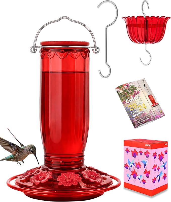 iBorn Hummingbird Feeders for Outdoors Hanging with Ant Moat for Hummingbird Feeder Glass 8 Ports for 16oz Humming Bird Nectar, Red Flowers Red Glass, Pack of 1