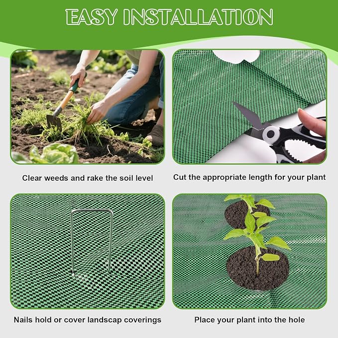 2PCS Green Weed Barrier Landscape Fabric, 33 x 3.3 Ft Garden Weed Barrier Fabric Heavy Duty with Planting Holes,Ground Cover Weed Barrier Weed Cloth & 20 U-Shaped Ground Nail For Weed Control
