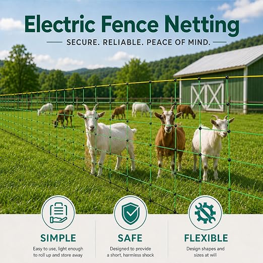 Electric Fence Netting, 164'L x 47.2" H Electric Fence Kit for Livestock, Farms, Backyards, Garden, Assembled Double Spiked Portable Electric Farm Fence
