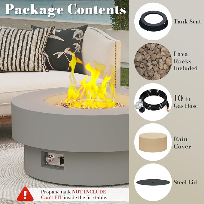 32.5 Inch Propane Fire Pit Table, 50,000 BTU Round Patio Fire Pit Table Outdoor, CSA Certified, Stainless Burner with Steel Lid, Waterproof Cover & Lava Rocks, for Garden Backyard, Gray