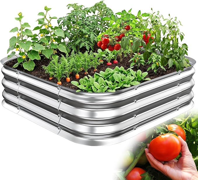 Galvanized Raised Garden Bed 3x3 ft, Heavy Duty Metal Planter Box for Vegetables, Flowers & Herbs, 12" Raised Outdoor Modular Gardening Bed, Above Ground Growing Container, Easy Assembly, Silver