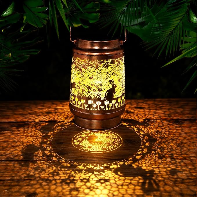 Rabbit Solar Lanterns Outdoor Waterproof - Metal Garden Decor for Outside, Hanging Bunny Lights for Patio Yard Porch Lawn, Animal Figurine Gift for Women Mom Grandma