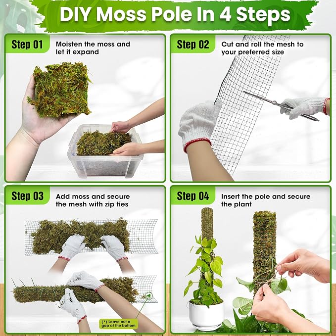 DUSPRO DIY Moss Pole Kit, Metal Moss Pole for Plant Monstera, Pothos, Philodendron, 1pc 8.6’’ x 6.5 ft Wire Moss Pole Mesh with Forest Moss, Cable Zip Ties, Gloves