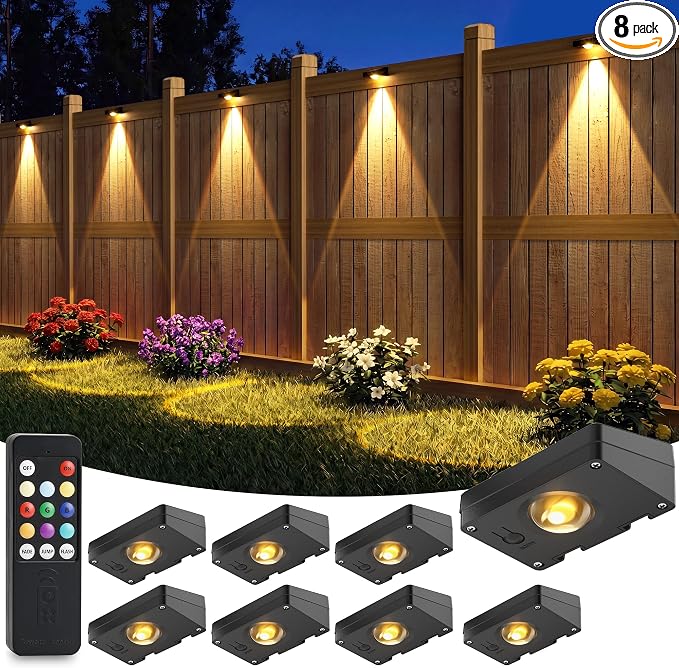 VOLISUN Solar Fence Lights with Remote Control, Fence Lights Solar Powered, IP65 Waterproof LED, RGB Color Changing Solar Light for Fence, Yard, Wall, Backyard (8 Pack,Black)
